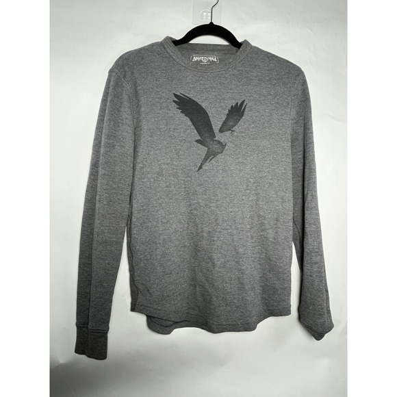 American Eagle Thermal Waffle Knit Long Sleeve Top Gray Eagle Logo Sz Sm Classic - Picture 1 of 12